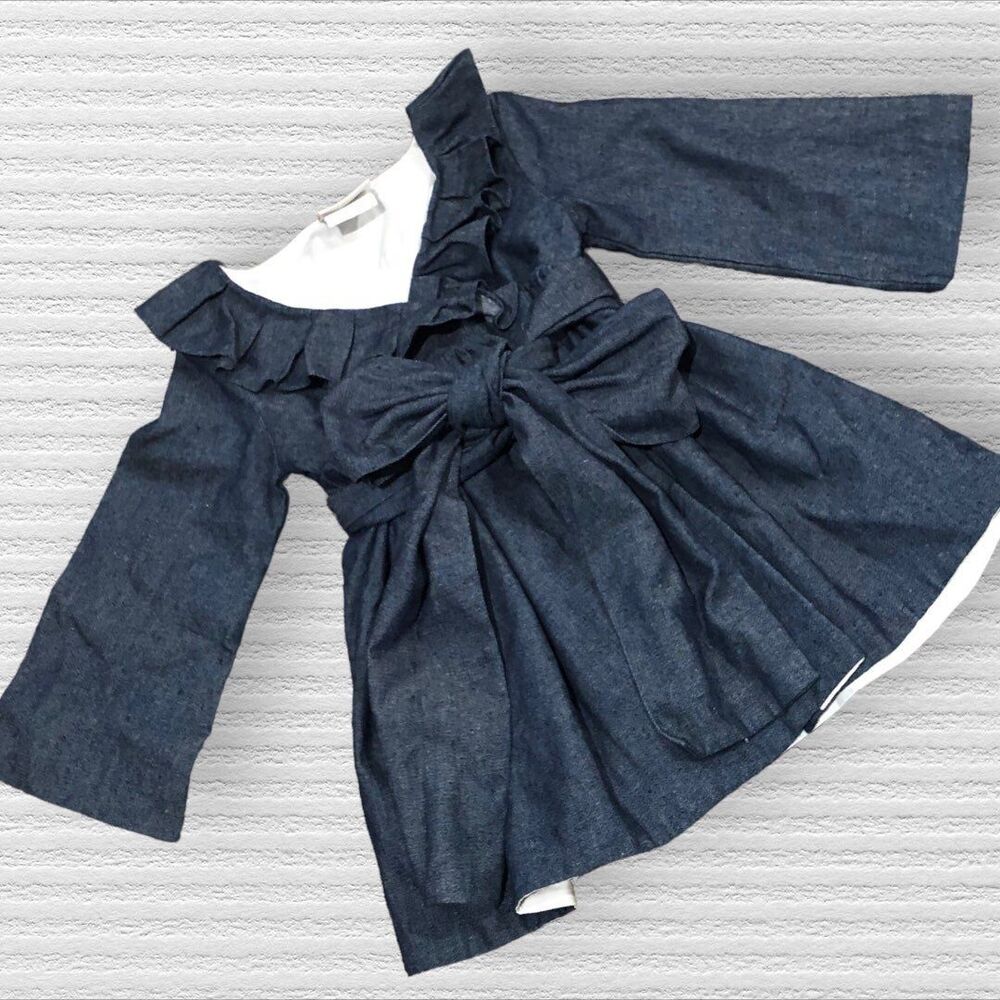 True Girls 3T Chambray Blue Ruffle Bow Tie Long Sleeve Dress Lined
